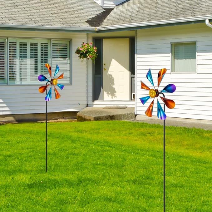 DREAMYSOUL 2 Pack Wind Spinners Outdoor, 10" Dia Metal Pinwheels for Yard and Garden, Kinetic Wind Sculptures & Spinner Outside (Colorful)