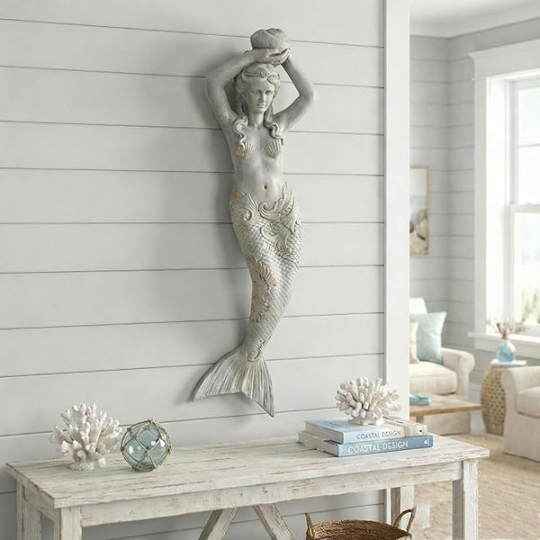 GRASOLAR 39 Inch Tall Mermaid Wall Mounted Sculpture, Wall Decoration, Outdoor Garden Statue, Mermaid Hook, Wall Art, Courtyard Backyard Decor