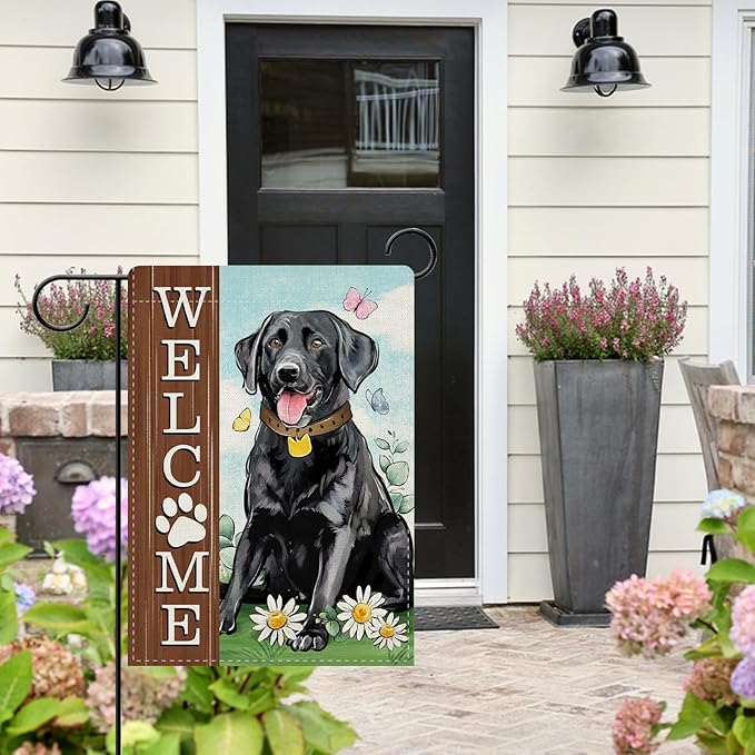 Dyrenson Welcome Black Labrador Dog Decorative Garden Flag, Paw Print Yard Outside Home Decorations Pet Lover Gifts, Spring Summer Burlap Outdoor Small Decor Double Sided 12 x 18