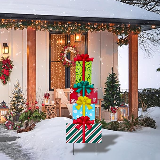 Afirst Christmas Yard Stakes Gift Box Christmas Yard Decorations Detachable 4 Stacked Gifts Box Metal Garden Stakes Outdoor Xmas Stake Lawn Pathway Outdoor Decoration