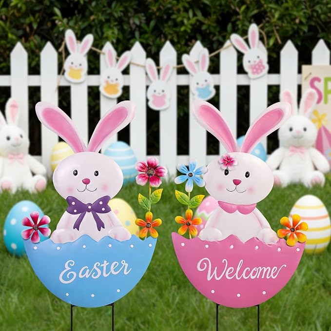 Easter Decorations Outdoor, 25 Inch Cute Bunny Flowers Decorative Garden Stakes for Easter Decor, Welcome Metal Yard Sign for Home Spring Outside Garden Front Porch Lawn Backyard