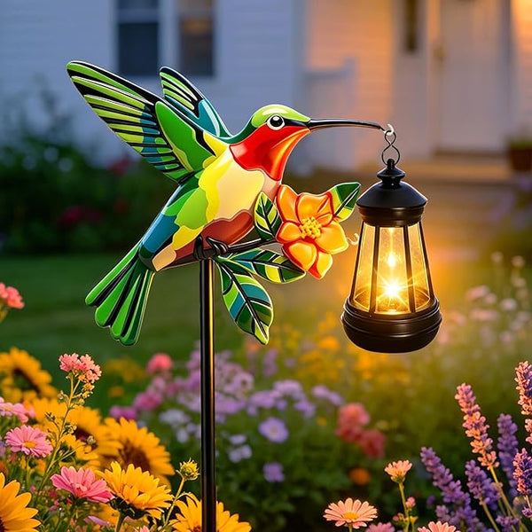 Solar Garden Statue Figurine with Solar Lanterns Outdoor Waterproof, Green Hummingbird Hanging Solar Light, Solar Path Lights Yard Art, Outside Patio Garden Decor Gardening Gift for Mom Grandma Women