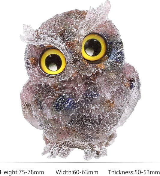 Nupuyai 3 inches Orgone Resin Crystal Chips Tumbled Stone Owl Statue, Mini Hand Carved Stone Crystal Animal Figurines for Tabletop Indoor Outdoor, Colorful Mixed Stones