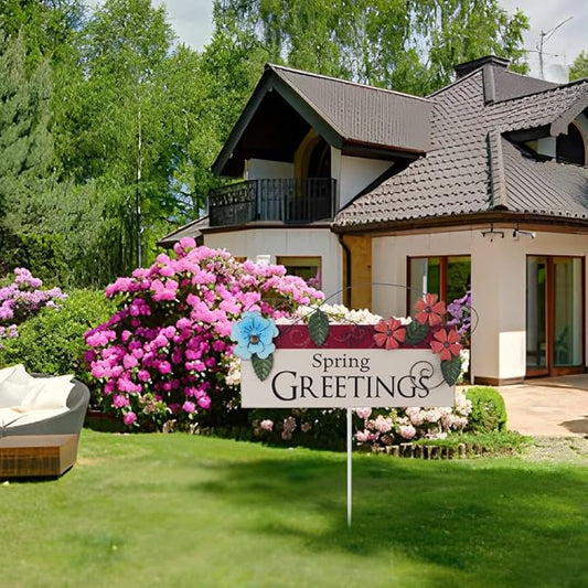 Spring Decor Outdoor Spring Greetings Flower Metal Garden Stakes Decorative Colorful Floral Welcome Sign Yard Art Garden Decorations for Home Outside Lawn Porch Backyard Walkwa