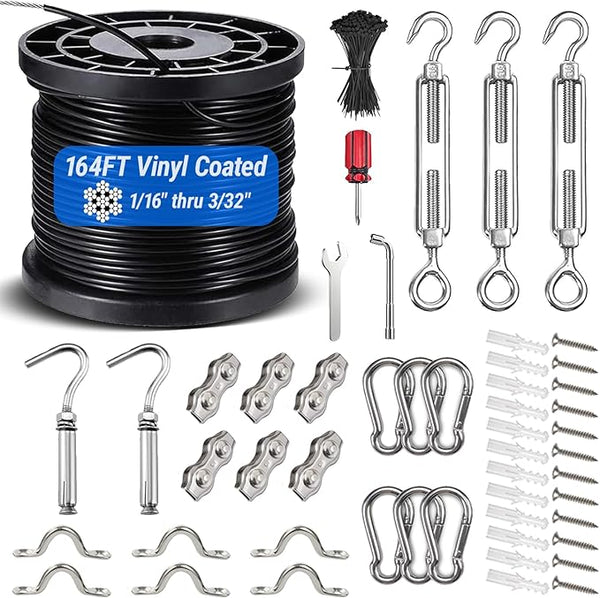 String Light Hanging Kit with 164FT Vinyl Coated 304 Stainless Steel Wire Rope, Globe String Light Suspension Kit, Outdoor Light Guide Wire Kit Included Turnbuckles, Enough Accessories, Use Manual