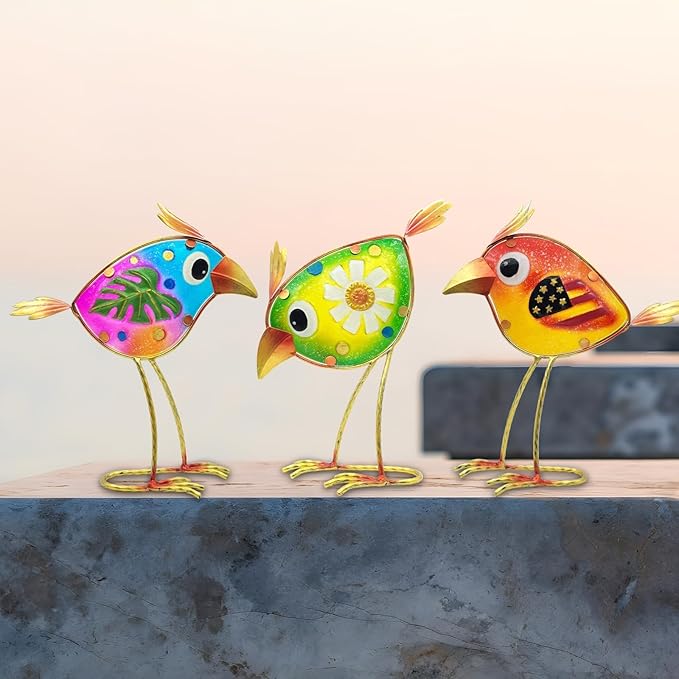 3 Pack Garden Outdoor Metal & Glass Bird Yard Art, Lawn Ornaments Outdoor Decor for Porch Patio, Housewarming Birthday Gifts for Grandma Mom Women