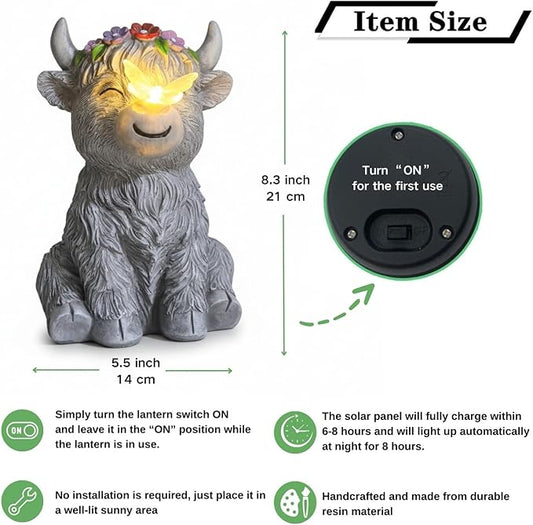 Solar Highland Cow Garden Statue with Glowing Butterfly, Outdoor Highland Cow Decorations for Patio Yard Lawn Ornaments, Gifts for Mom/Grandma Birthday Housewarming