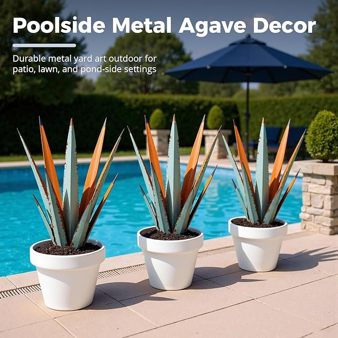 KODIBO 24” Large Metal Agave Plants Outdoor Decor, Vintage Blue Tequila Rustic Sculpture Outdoor Statues, Agave Metal Plants for Yard Garden Lawn Ornaments,Artisan Metal Agave Landscape Decor
