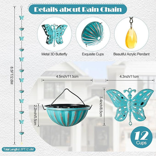 Tfro & Cile Butterfly Rain Chain Gutter Downspout Catcher Outside Water Diverter Decorative Garden Rain Cups Chime Home Decor - 8 1/2 Feet Long