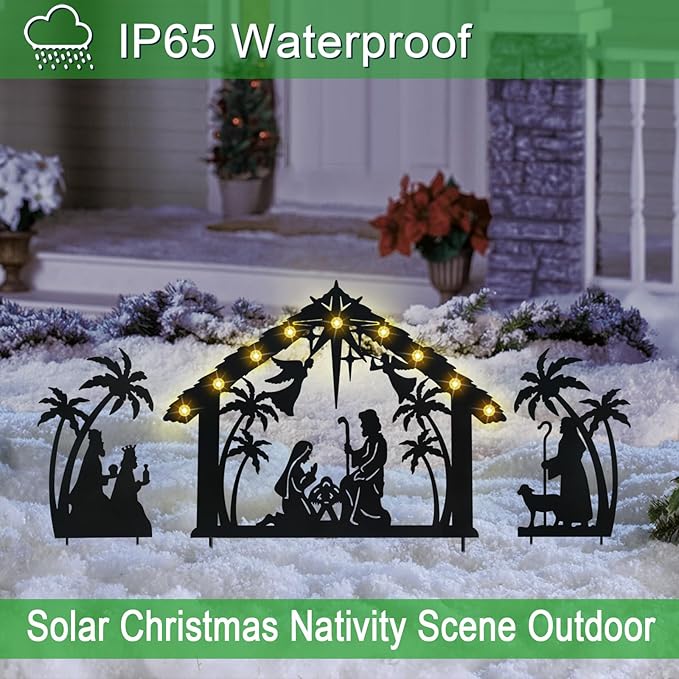 Solar Nativity Scene Outdoor,3Pack Lighted Outdoor Christmas Decorations,Metal Silhouette Nativity Set Outside for Yard Garden Stake