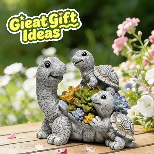 basen Solar Turtle Garden Statue with LED Succulent Lights, Resin Outdoor Tortoise Family Figurine, Waterproof Yard Lawn Patio Decor, Cute Animal Sculpture for Porch, Backyard, Gift