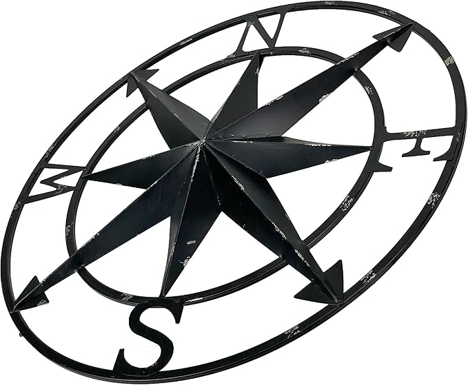 Zeckos Distressed Metal Nautical Compass Rose Wall Décor - Rustic 20-Inch Diameter Hanging Art with Vintage Black Enamel Finish - Perfect for Indoor and Outdoor Display