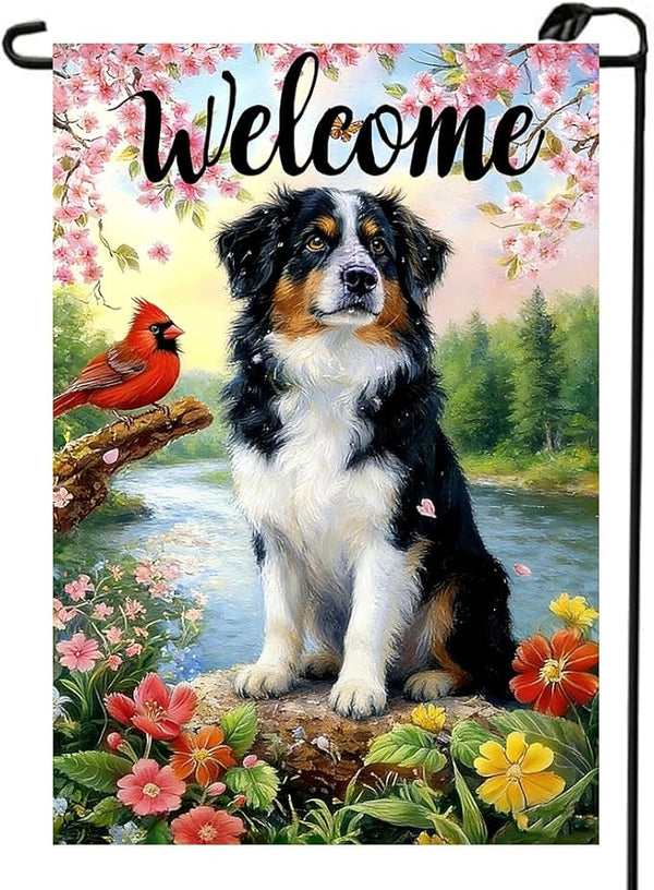 Spring Summer Australian Shepherd Dog Garden Flags 12x18 Double Sided, Small Burlap Seasonal Cardinal Flowers Garden Flag Spring Summer Outdoor Yard Decorations for Outside Lawn Decor