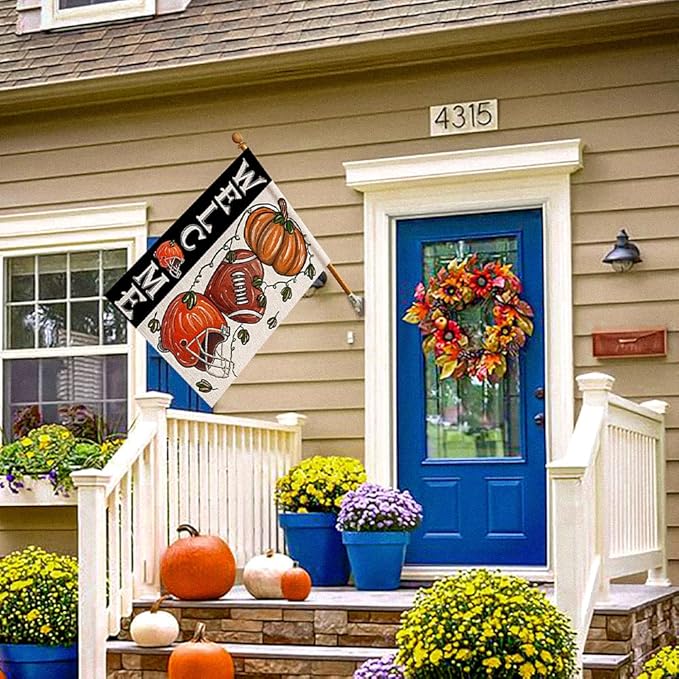 Fall Football Welcome House Flags 28x40 Inch Double Sided, Pumpkin Autumn Sports Game Day Sign Thanksgiving Seasonal Yard Outside Decor DF330-28