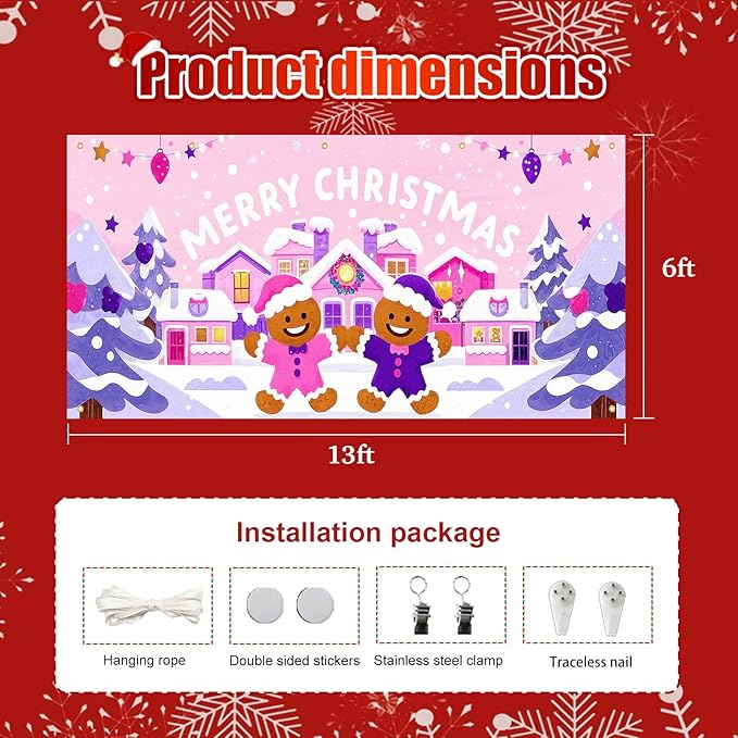 HOMETITUTE Christmas Garage Door Banner 13x6ft Pink House Gingerbread Man Backdrop with Purple Xmas Trees Snowflakes Star Lights Merry Xmas Sign Outdoor Yard Decoration