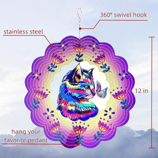 Metal Wind Spinners Outdoor Hanging Wind Spinner for Yard and Garden Decor for Outside-12In 3D Stainless Steel Cat Wind Chime Christmas of Gifts for Women Mom