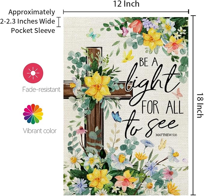 CROWNED BEAUTY Spring Garden Flag Floral Cross 12x18 Inch Double Sided Small Seasonal Holiday Religious Decoration for Outdoor Lawn Yard