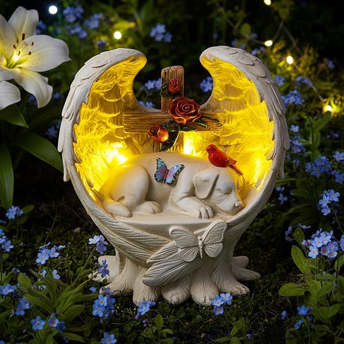Dog Memorial Stone Solar Angel Wings Garden Statue with Cross Roses Cardinal Butterfly, Sleeping Dog Grave Markers Outdoor Waterproof Resin Pet Loss Sympathy Gift for Cemetery, 10 Inch