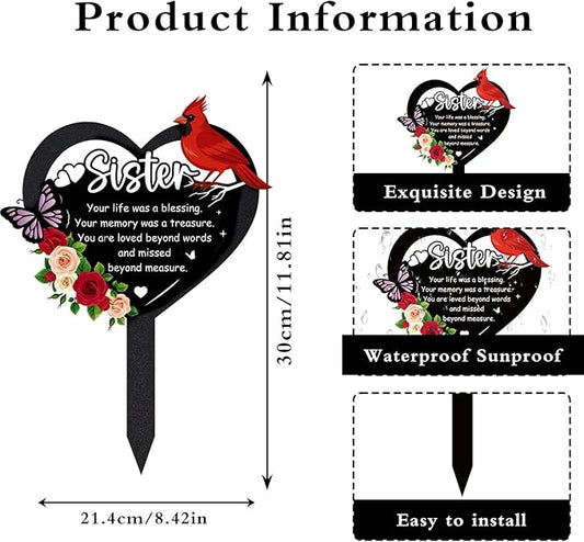 Grave Markers for Cemetery - Memorial Sister Metal Cardinals Grave Stakes Black Heart Remembrance Plaque Waterproof Flower Gravesite Decorations Outdoors Sympathy Gifts for Loss of Sisters