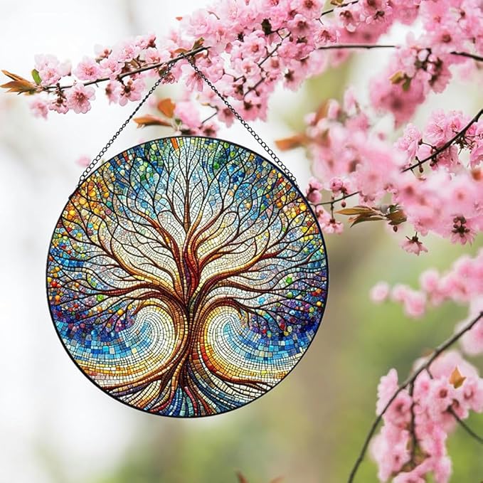 Stained Glass Window Hanging, Blue Tree of Life Suncatcher for Window Doors Garden Home Decoration, Colorful Glass Panel Ornaments for Women,Men,Wife, Lovers, and Mom 7.8×7.8 in