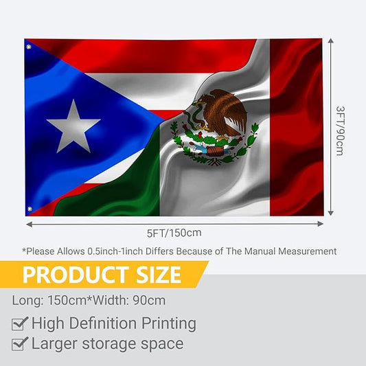 Puerto Rican Puerto Rico And Mexico Mexican Flag 3x5 Ft Double-Sided Printed Indoor/Outdoor Flag Polyester Fabric Decorative Banner With 2 Brass Grommets 3x5 Foot National Flags For Outside