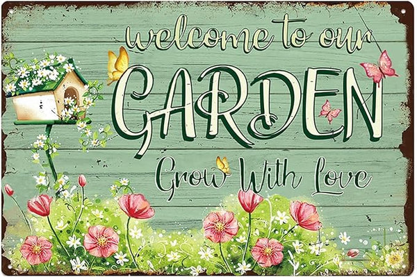 Flowers Metal Poster, Country Rustic Butterfly Tin Sign, Garden Grow with Love, Yard Garage Farm Outside Wall Decor Plaque Outdoor for Home Fence 8 X 12 Inch