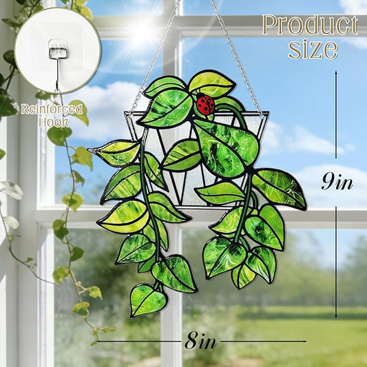 Stained Glass Suncatchers for Windows, 9 in Hanging Sun Catchers Indoor Window, Hanging Plant Decor for Home Indoor Outdoor, Plant Lover Gifts (UV Printed)