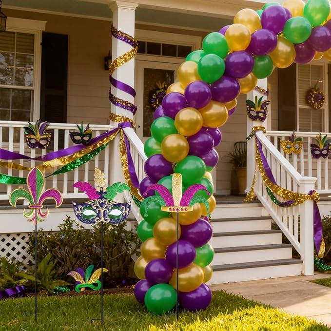 hogardeck Mardi Gras Outdoor Decorations, Set of 3 Metal 36" Decorative Garden Stakes with Mask Fleur-de-lis Jester's Hat for Mardi Gras Decor, Glitter Yard Sign for Outside Lawn Porch Backyard Party