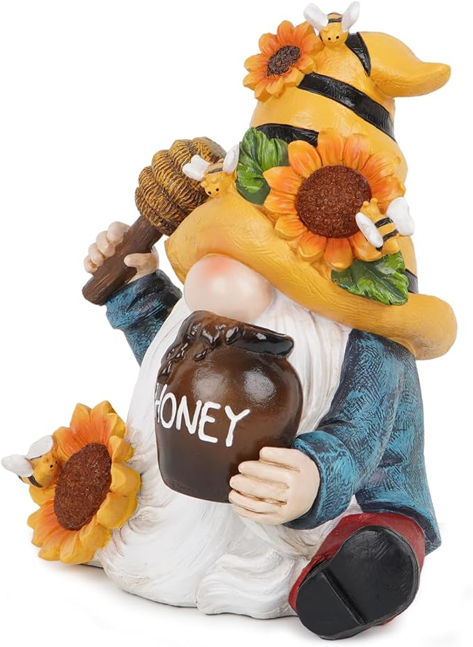 basen Bee Gnome Solar Garden Statue Outdoor Decor, Resin Gnome with Sunflower and Honey Jar, Solar Powered Lighted Yard Lawn Patio Porch Decoration, Waterproof Yard Art