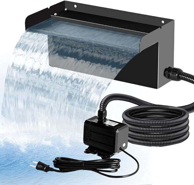 Upgraded Outdoor Pond Waterfall Kit with 50W Pump - 825 GPH Water Flow, 12.2 Inch Adjustable Waterfall Spillway & Extra Long Hose for Garden Ponds, Backyard Water Features (foundation)