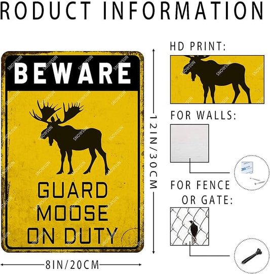snowsun Beware Guard Moose on Duty Funny Metal Signs Vintage Tin Sign for Home Yard Farm Street Fence Wall Decoration 8×12 Inches