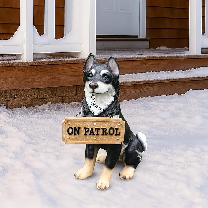 Outdoor Husky Dog Statue with Interchangeable Welcome Sign and Detachable Solar Lantern –LED Light Garden Dog Sculpture Décor Garden Statue Outdoor Dog Statue Cute Puppy for Yard Porch Gift