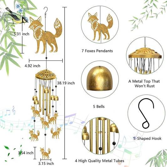 Fox Wind Chimes for Outside, Large Outdoor Metal Foxes Soothing Tones Memorial Windchime with S Hook Indoors Home Patio Garden Yard Decor, Unique Birthday Festival Housewarming Gifts for Women Men