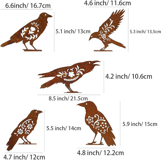 AIM & GGKK Rusty Metal Birds Yard Decor, Set of 5 Metal Bird Silhouette Statues for Garden Fence Yard Art, Rustic Outdoor Garden Sculptures Decorations