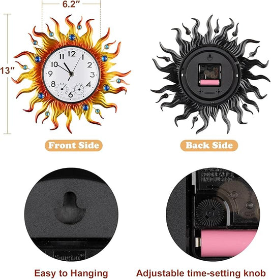 Outdoor Clock Thermometer Combo, Sun Outdoor Wall Clock, Silent Non-Ticking Outdoor Clocks Waterproof for Patio, Garden