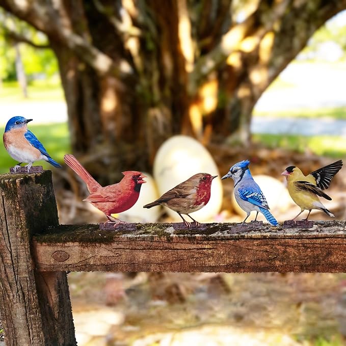 5PCS Vivid Metal Birds Fence Decor, Double-Sided Printed Garden Sculptures, Outdoor Bird Wall Decor, 2D Yard Art, Garden Bird Decoration for Patio, Balcony, Lawn, Bird Lovers