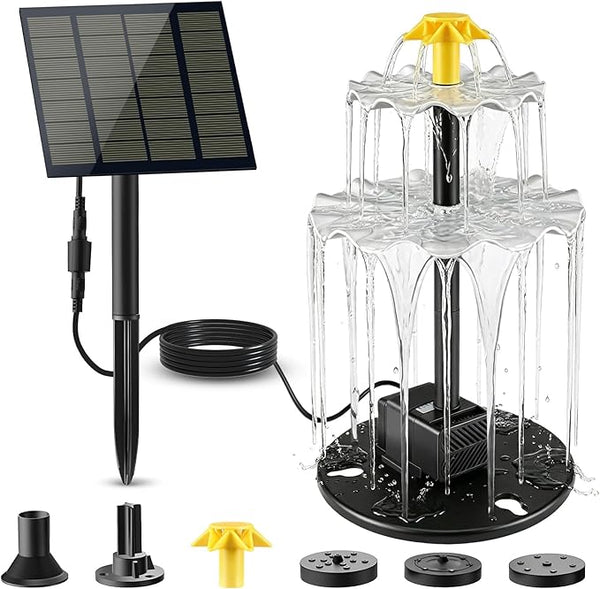 Solar Water Fountain, Upgrade Solar Fountain Pump Kit with 4 Nozzles & 9.94ft Cable, Outdoor 2w Solar Fountain for Bird Bath, Garden, Pool, Pond