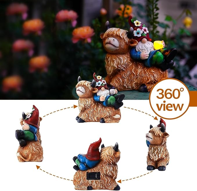 Pohabery Garden Gnomes Decor Outdoor Statues Gnome on Highland Cow Hold Solar Cup Light Outdoor Decorations for Patio,Yard and Gift for Mom