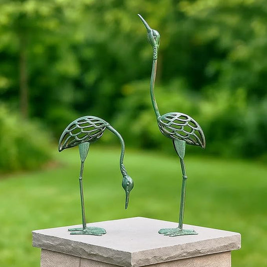 Seraphic Cast Iron Metal Crane/Heron Bird Garden Art Sculptures Statues for Indoor or Outdoor Lawn Decor, Antique Green, Set of 2