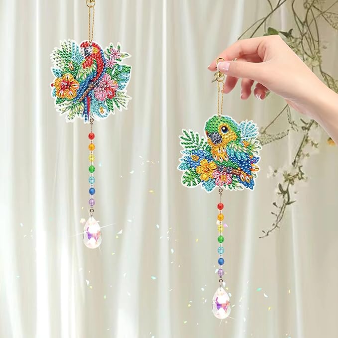 MVVMTOP 2pcs Diamond Art Painting Wind Chime with Crystal Pendant, DIY Parrot Double-Sided Design Special Shape Acrylic Crystal Diamond Ornament, Home Window Garden Hanging Pendant Decoration