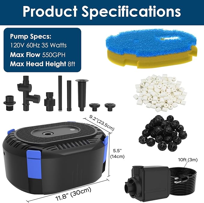 AquaMiracle All-in-One Koi Pond Filters for Outdoor Ponds 350-500 Gal, Pond Fountain Pump with 3 Spray Patterns, Fountain Kit with 550GPH Water Pump for Garden, Water Feature, Bird Baths