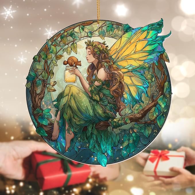 Fairy Ornament Acrylic Suncatcher โ Enchanted Forest Fairy Sitting in Circle with Squirrel, Stained Glass Style Window Hanging Decor, Christmas Ornament Gift for Women, Fantasy Home Decor, (Sun-34)