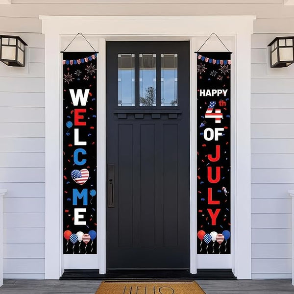 BlissYard 4th of July Themed Decorations 2Pcs Patriotic Decor Door Banner USA Banners Hanging Porch Signs for Independence Memorial Veterans Labor Day for Front Yard Indoor Outdoor Supplies
