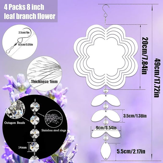 4Pack 8inch Sublimation Wind Spinner Blanks 3D Aluminum Metal Wind Sculpture Kinetic Spinners for Yard and Garden Indoor Art Ornaments Hanging Decoration (Leaf Branch Flower)