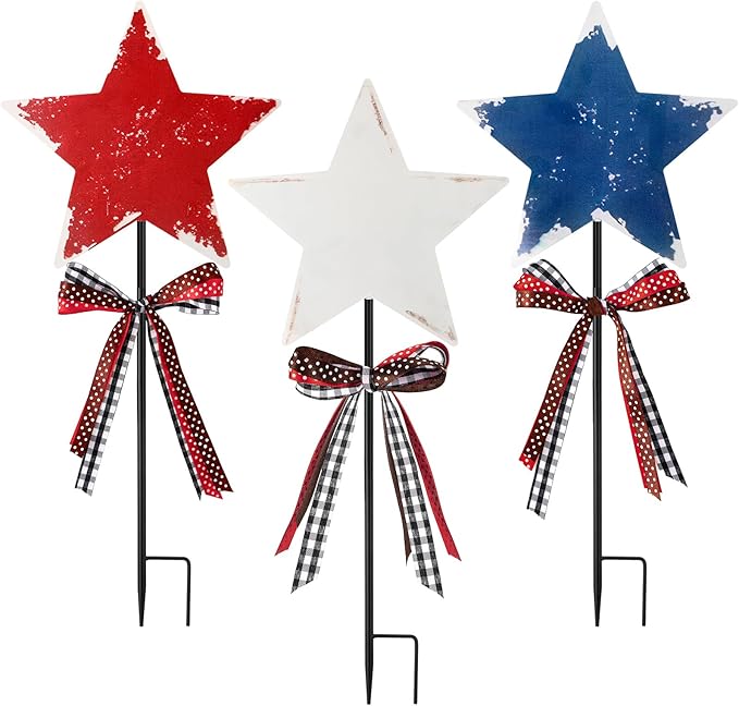 Amyhill 4th of July Outdoor Decorations Decor Patriotic Star Metal Garden Stakes Welcome Yard Signs Retro Red White Blue Garden Stakes for 250th Anniversary Patio Lawn Walkway Outside