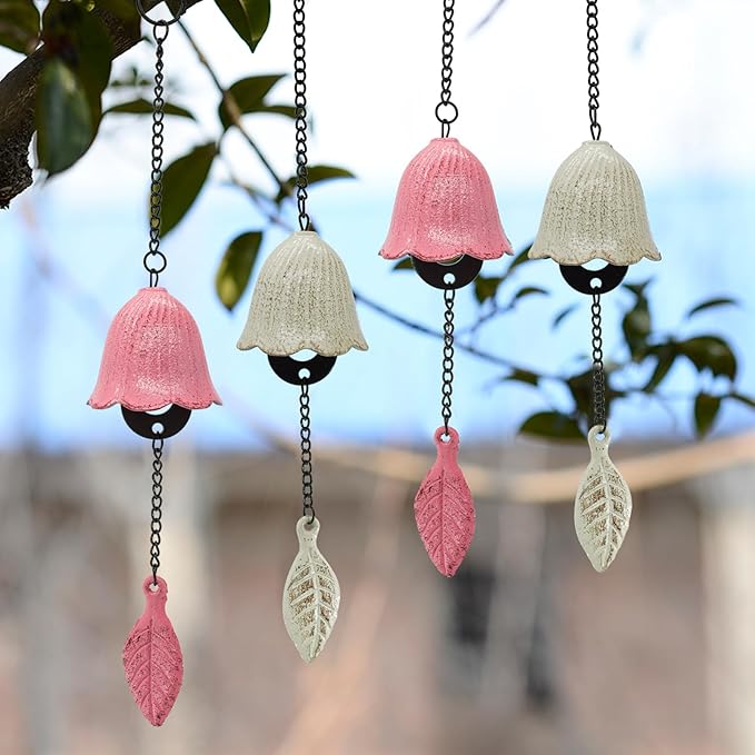 MrMrKura Japanese Leaf Wind Chimes, Small Wind Bell Pendent for Outside Hanging Cast Iron Wind Chime Ornament for Bless Garden Backyard Home Decor (Pink)