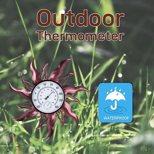 Large Sun Outdoor Thermometer, 27“ Metal Thermometer Outdoor Waterproof, Decorative Outdoor Thermometers for Patio, Outside Thermometer with Humidity(Copper)