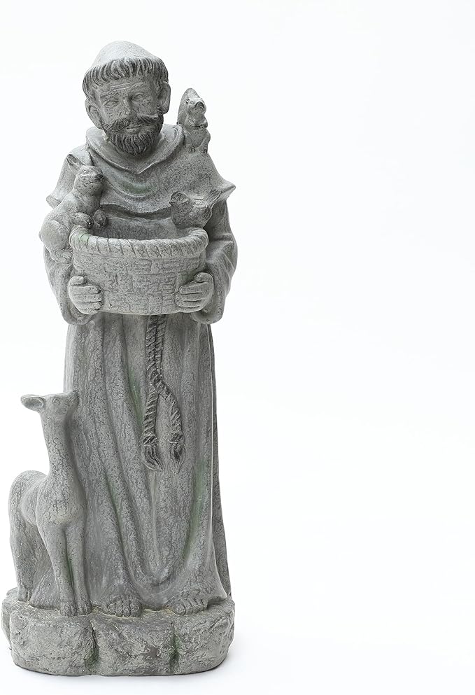 LuxenHome Outdoor St. Francis Statues, 27.6" Saint Francis of Assisi MgO Garden Statue with Animal & Birdbath Bowl, Religious Statues for Patio Yard Home Decor, Outdoor Garden Sculptures