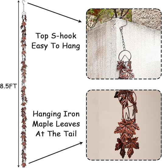 Maple Leaf Rain Chain, 8.5 Feet Rain Chains for Gutters Downspouts, Rain Gutter Catcher Chain for Outside Garden Patio, Metal Decorative Hanging Rain Chime for Downspout, Vintage Copper