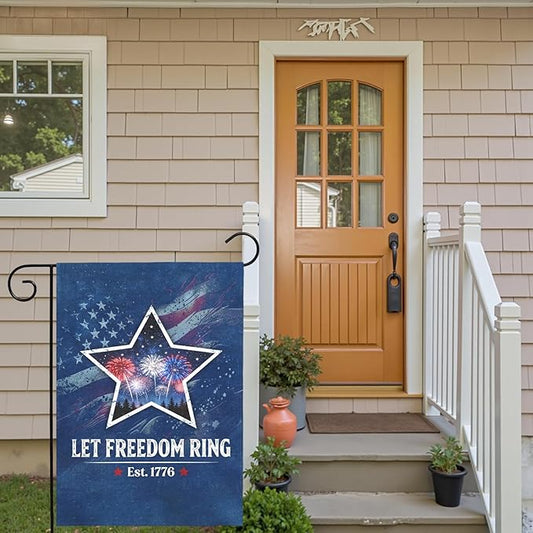 Fourth of July Patriotic Garden Flag Let Freedom Ring Yard Flags Independence Day Double Sided American Star Fireworks House Banner for Porch Patio Memorial July 4th Home Decor 12 x18 Inch